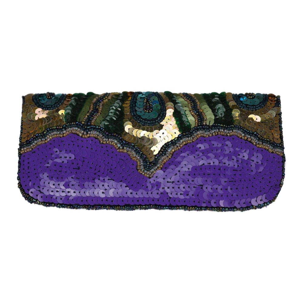 Vintage KC Malhan Beaded Sequined Clutch Wallet Purple Green Blue